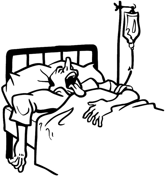 Sick man in bed with IV vinyl sticker. Customize on line. Health Illness Anatomy 050-0323